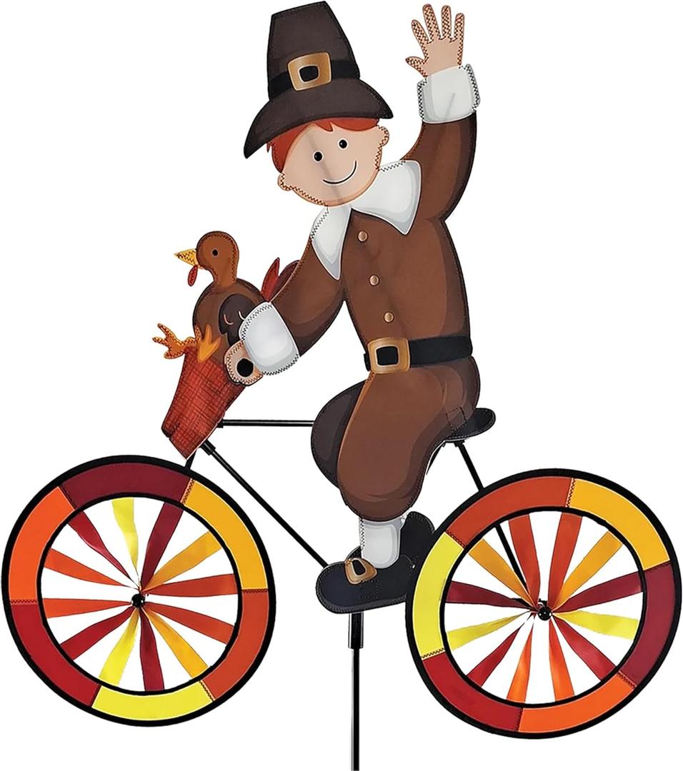 Bike Spinner Pilgrim 30"  Thanksgiving Harvest Design, Weather-Resistant Outdoor Decor, Durable & Lightweight for Patios, Yards, and Gardens - Eye-Catching Wind Spinner with Rotating Wheels