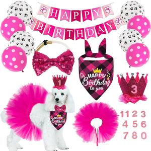 Dog Birthday Bandana Girl Dogs Birthday Party Supplies with Red Tutu Crown Scarf Numbers Red Bowtie Tutu Skirt Paw Balloons for Girl Dog Birthdays Decorations Supplies