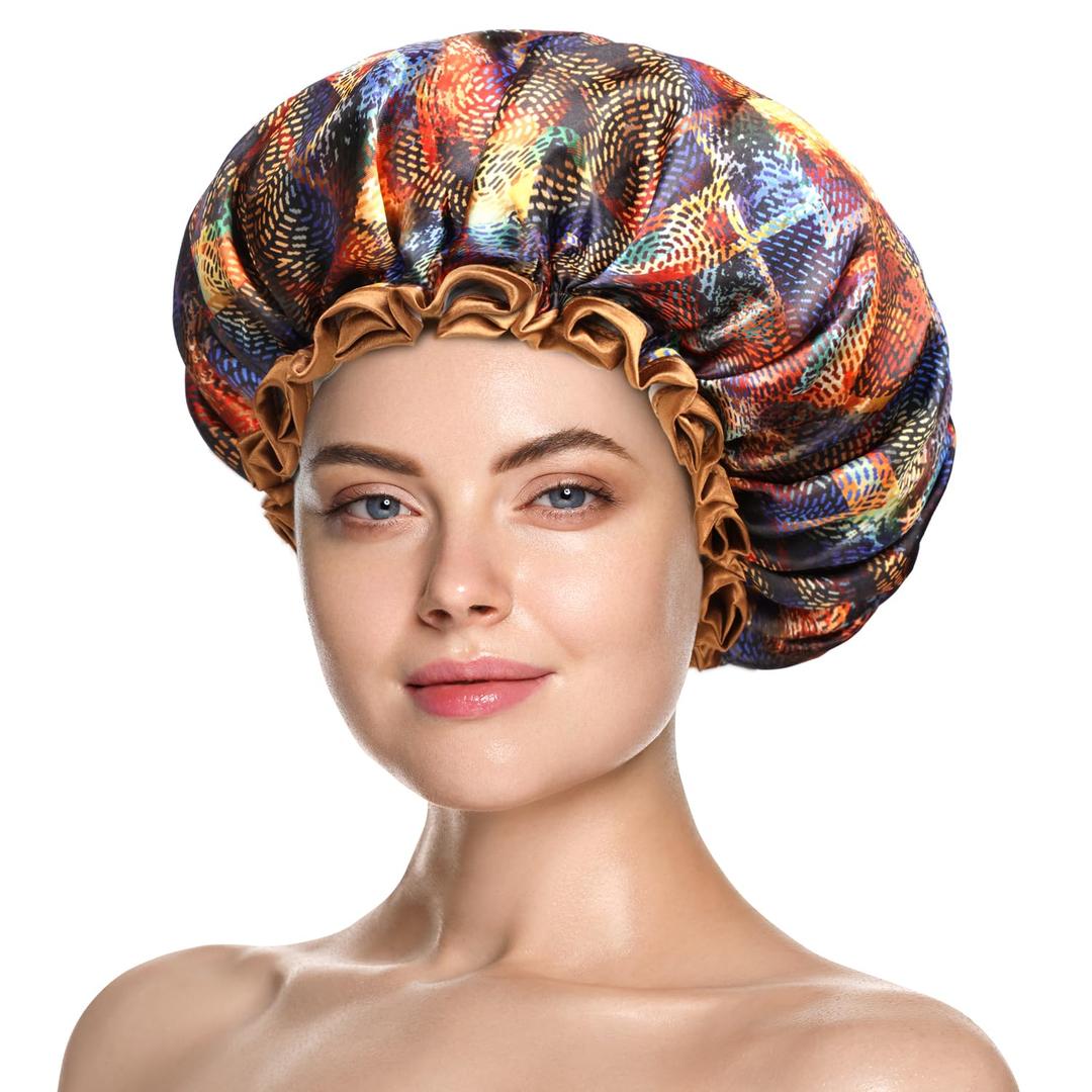 mikimini Large Shower Cap for Women Long Hair,Mystery Shower Caps with Brown Lace, Reusable Waterproof Bathing Shower Hat (X-Large (Pack of 1), Mysterious)