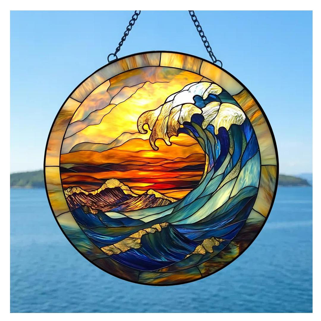 Stained Glass Suncatcher, Handcrafted Window Panel, Coastal Ocean Wave Decor,9.8-Inch Sun Catcher for Window, Wall Art, Housewarming Gifts for Art & Nature Enthusiasts