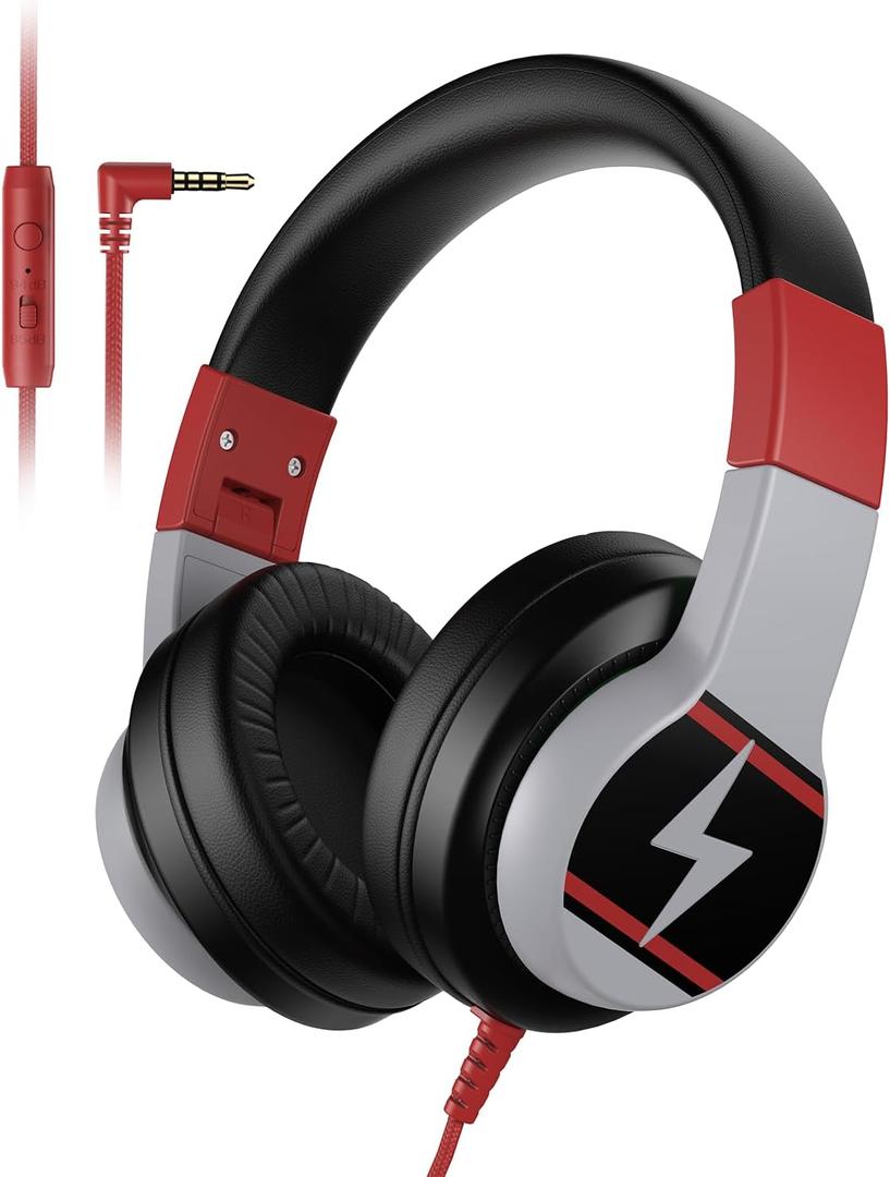 Kids Headphones, Wired Headphones for Kids Over Ear with Microphone, 85/94dB Volume Limiter Headphone for Girls Boys, Foldable Headphone for Learning & Entertainment, Black and Red