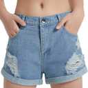 EXARUS Girls Ripped Jean Shorts Teen Summer Cute Distressed Frayed Raw/Folded Hem Tween Denim Youth Kids Casual (Blue, M)