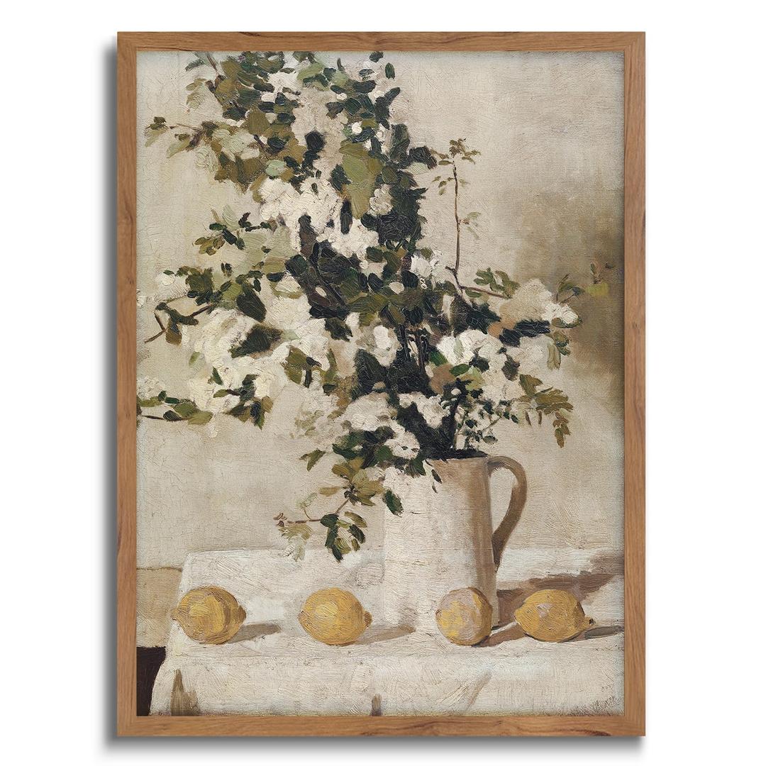 JOWOROLO Vintage Flower Poster - Lemon Still Life Wall Decor- Framed Canvas Prints Wall Art Home Decor - Retro Wildflower Art Print Farmhouse Painting Artwork - 12x16in Framed