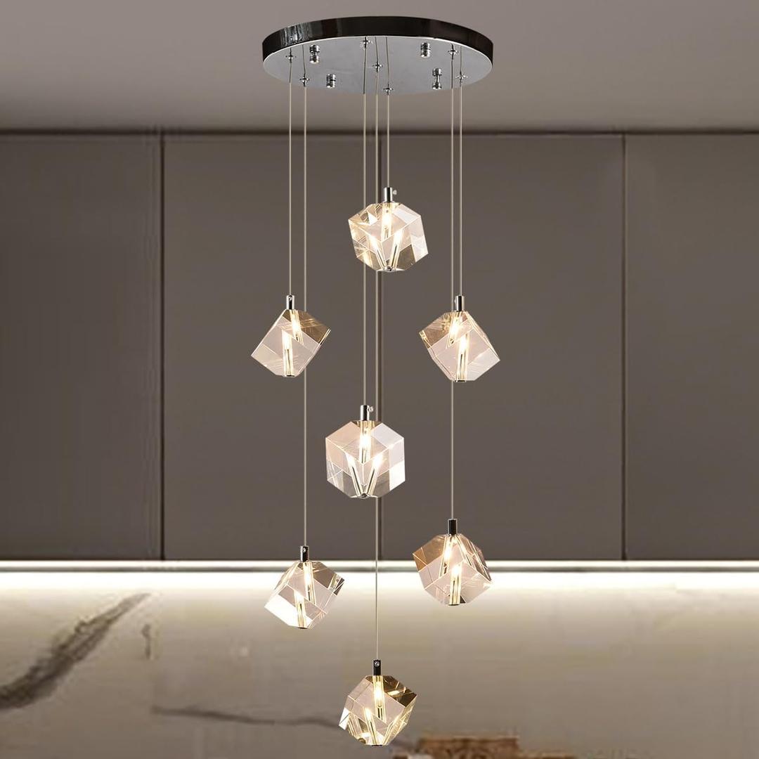 Modern Crystal Chandeliers, Round Raindrop Ceiling Pendant Light, Nordic Chrome Hanging Lamp for Kitchen Island Living Room Dining Room Staircase Restaurant (Round 7-Lights)