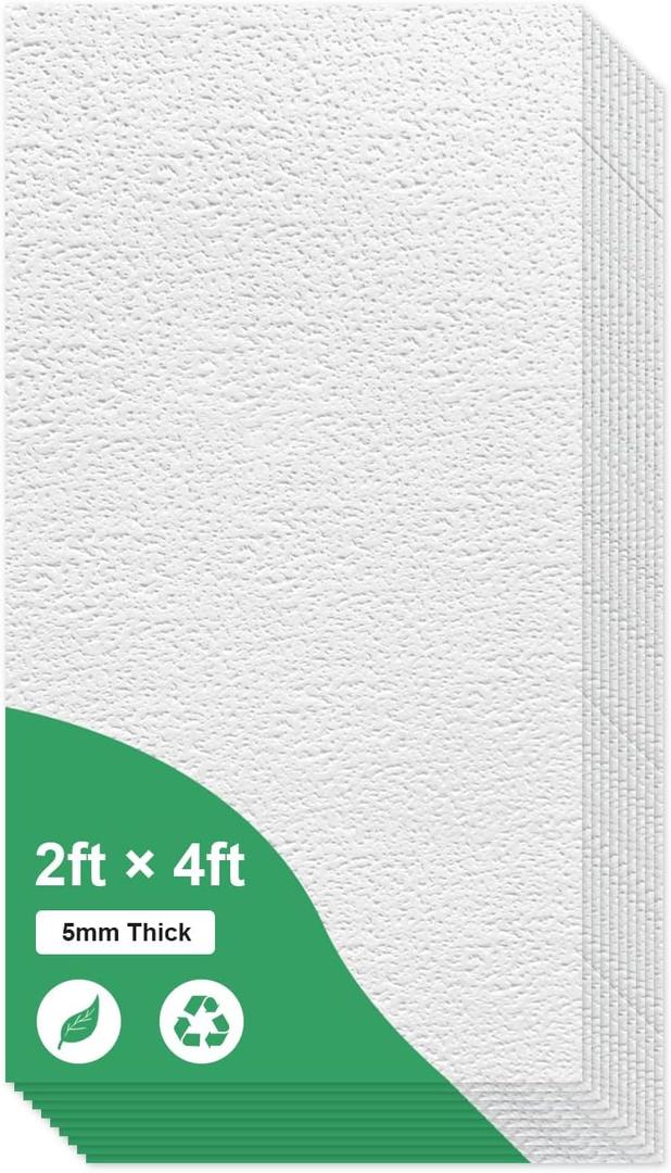 2ft x 4ft Stippled Popcorn Texture PVC Drop Ceiling Tiles – Fire-Rated, Waterproof & Washable, Easy Lay-in for 15/16" Grid, Hides Imperfections, 80 Sq.Ft, 10-Pack, 2x4