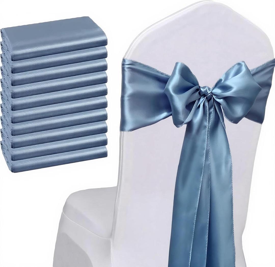 Pack of 50 Satin Dusty Blue Chair Sashes for Wedding 7x108 Inch Chair Bows Ribbons Ties for Party Birthday Banquet Ceremony Baby Shower Event Decorations