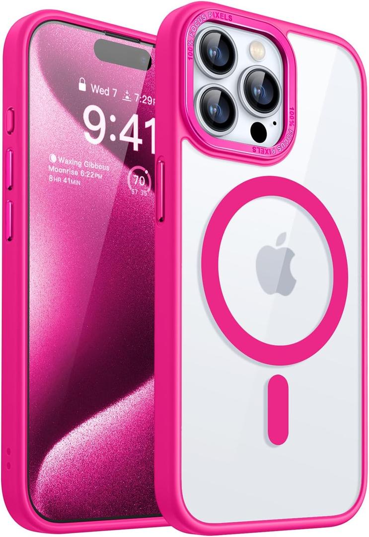 CANSHN Clear Magnetic Compatible with iPhone 15 Pro Case [Compatible with Magsafe] [Not Yellowing] Slim Thin Shockproof Protective Bumper Cover Phone Case Cover 6.1 Inch - Hot Pink
