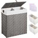 Greenstell Laundry Hamper with 2 Removable Liner Bags - 90L Divided Clothes Hamper, Handwoven Synthetic Rattan Foldable Laundry Basket with Lid and Handles Gray (18.3x13.3x24.0Inches)
