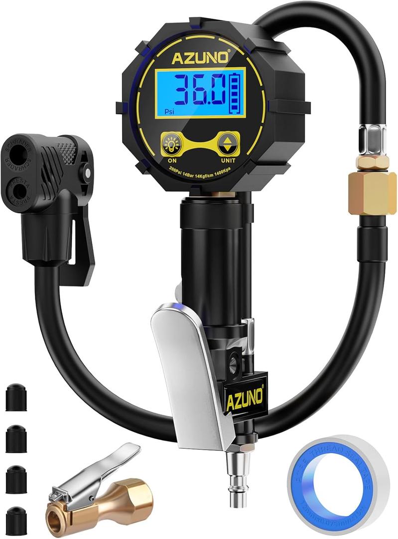 AZUNO Presta Valve Adaptor with Pressure Gauge, 200psi Dual-Port Schrader & Presta Valve Pump, Bike Tire Inflator for Air Compressor, Can Check, Inflate, Deflate for Bicycles, Motorcycles, Cars