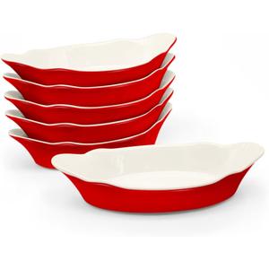 Au Gratin Baking Dishes, by Kook, Mini Casserole Dish, Set of 6, for Banana Split, Oven and Microwave Safe, Dishwasher Safe, Ceramic Serving Dishes, Lasagna & Cobblers, Individual Serving, 12 oz (Cherry Red)