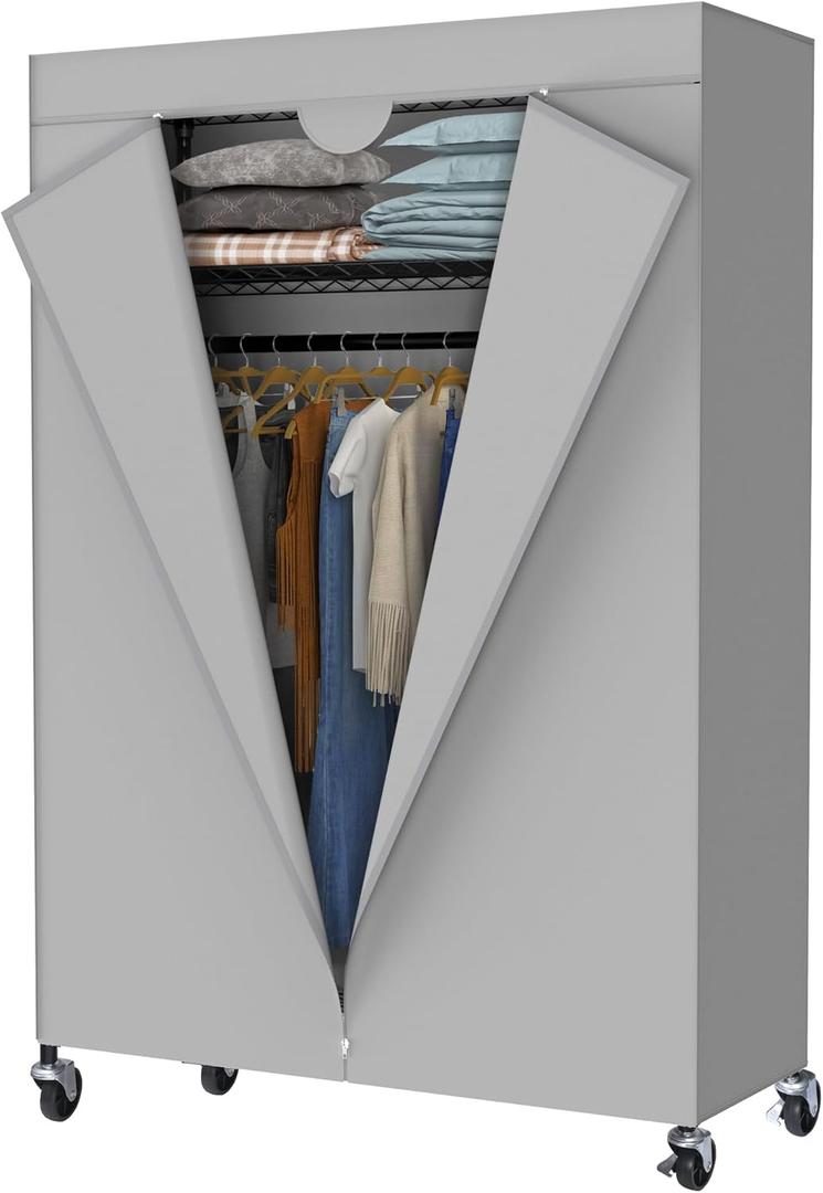 Heavy Duty Garment Rack, Free-Standing Rolling Clothes Rack with Fitted Grey Oxford Cover, Extra Large Wardrobe Storage Rack/Organizer