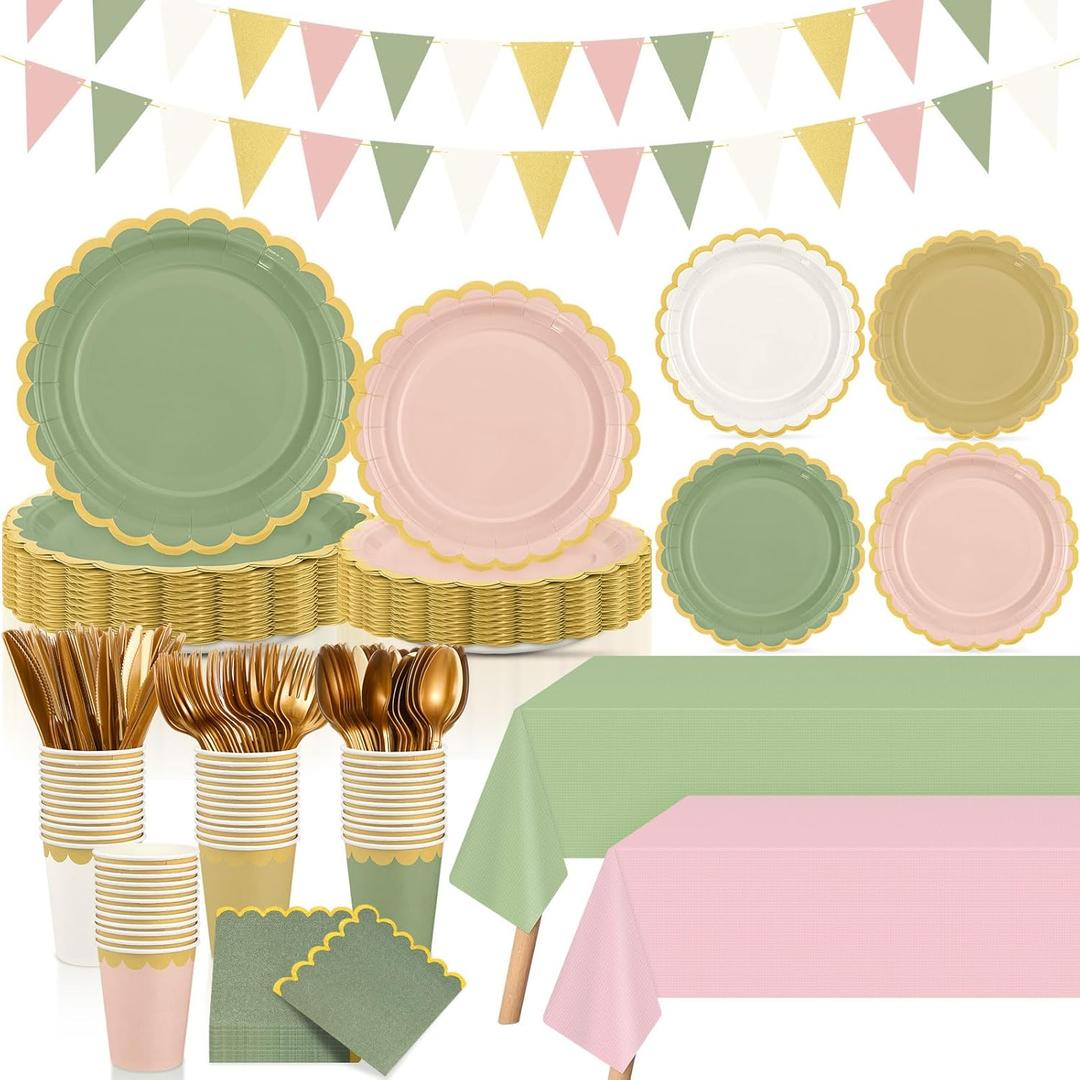 Mimorou 342 Pcs Sage Green and Pink Party Supplies Green and Pink Tableware Paper Disposable Plates Napkins Cups Plastic Tablecloth Sage Golden White Triangle Banner for Wedding Bachelorette Birthday