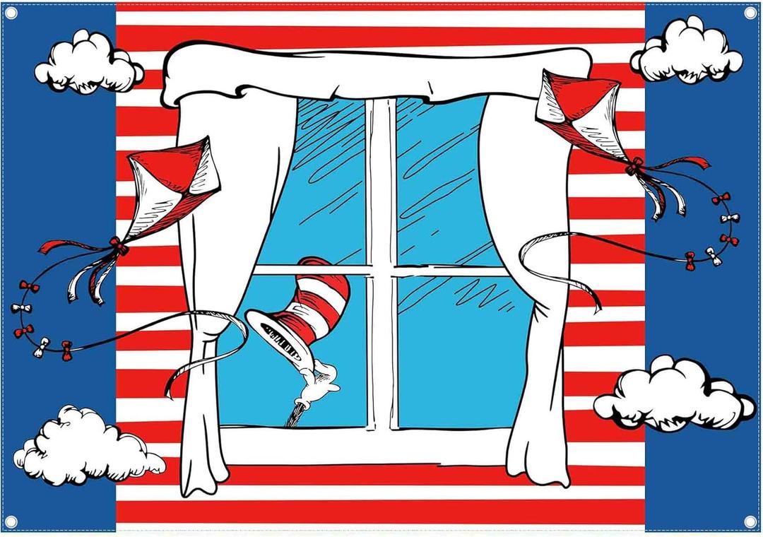 7x5ft Fabric Cartoon Window Kite Photography Backdrop Red White Stripes Background Birthday Hat Decorations Baby Shower Photo Tapestry Booth Props