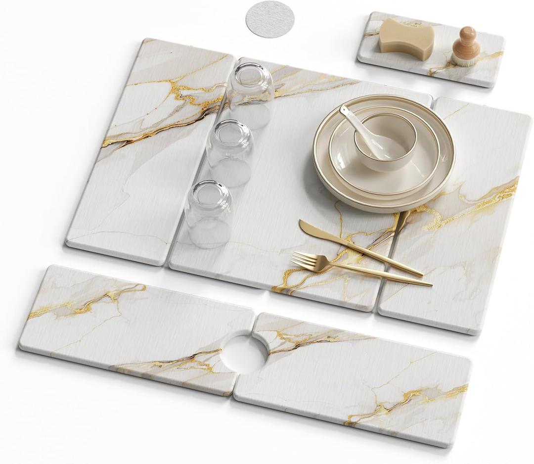 3 PCS Large Stone Dish Drying Mat for Kitchen Counter -24"x16" Absorbent Diatomaceous Earth Mat with Stone Faucet Mat & Soap Tray - Quick Dry, Collapsible, Non-Slip Countertop Organizer (24*16inch+24*5.5inch+8*4inch, gold Marble)