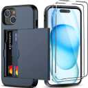 for iPhone 15 Plus Wallet Case with Card Holder + 2 Tempered Glass Screen Protector, Heavy Duty Protective Dual Layer Shockproof Hidden Card Slot Slim Case Women Men 6.7 inch (Blue)