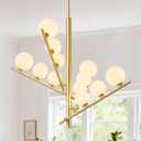 CATINER 12 Lights Gold Sputnik Chandeliers L36”Mid Century Ceiling Pendant Lighting with Milk Glass Globe Shades Modern Chandelier for High Ceiling Foyer Living Room Dining Room
