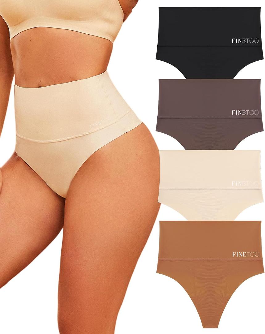 FINETOO Women Underwear High Waisted Thongs Tummy Control Seamless Thongs Shapewear No Show Panties 4 Pack S-3XL (Black, M)