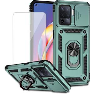 for Oppo A94 4G/Reno5 Lite/F19 Pro/Reno 5F Case with Tempered Glass Screen Protector and Slide Camera Cover, Magnetic Ring Car Mount Holder Kickstand Protective Cover for Oppo A94 4G Green