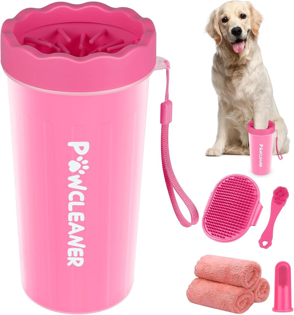 Professional 7 in 1 Dog Paw Cleaner for Dogs & Cats - Includes 1 Portable Paw Washer, 1 Bath Brush, 2 Dog Toothbrushes and 3 Absorbent Towels Note: Fits Paws 2.5 to 3.5 Inches Wide (Large, Pink)