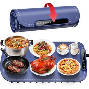 Warming Mat for Food, Upgraded Fast-Heating Electric Warming Tray with 7 Temp Levels & 8 Timers, Buffet Raised Feet & Rollable Silicone Heat Pad, Portable Food Warmer for Home, Party & Travel (Blue)