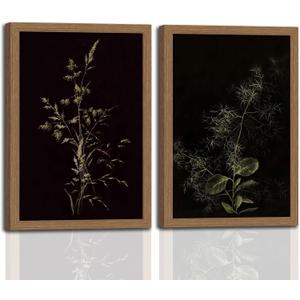 2Pcs Framed Canvas Wall Art Vintage Green Forest Plant Botanical Prints Dark Floral Prints Minimalist Modern Art Vintage Wall Decor for Bedroom Living Room, Bathroom,16x24in