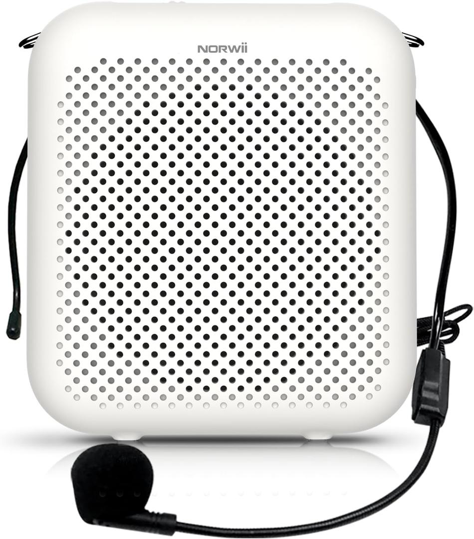 NORWII Portable Voice Amplifier Mini Rechargeable with Wired Microphone Headset & Waistband, 4000mAh Personal Voice Amplifier for Teachers, Presentation, Tour Guides, Meeting, Coaches (White)