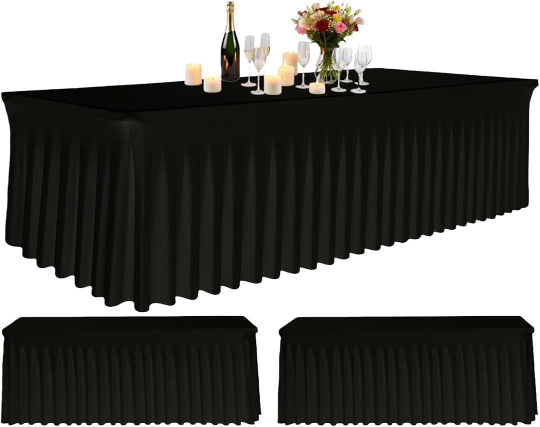 3 Pack Black Spandex Table Clothes for 6 Foot Rectangle Tables, Fitted Stretch Spandex Table Cover 6ft Black Tablecloths with Desk Skirt for Weddings Birthday Parties Banquet Baby Shower