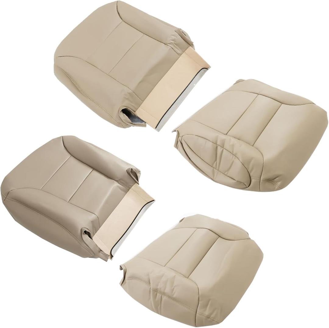 WFLNHB 4 PCS Seat Covers Front Driver and Passenger Bottom and Lean Back Tan Synthetic Leather Replacement for Chevy Tahoe Suburban Silverado Sierra Yukon 1995-1999