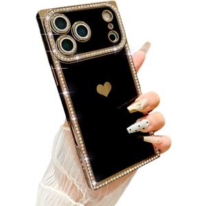 YTanazing for iPhone 17 Rectangle Edge Case, Luxury Diamond Rhinestone Glitter Bling Sparkle Shiny Plating Bumper Protective Case with Camera Protection Design for Women Girls, Black