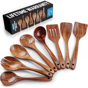 Zulay Kitchen Premium 8-Piece Wooden Spoons - Smooth Finish, Natural Teak Wood, Non-Stick, Handmade