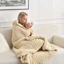 Maetoow Tighter Version Chenille Chunky Knit Blanket Throw （60×80 Inch）, Handmade Warm & Cozy Blanket Couch, Bed, Home Decor, Soft Fleece Banket, Boho Thick Blankets and Giant Yarn Throws，Beige, 60''x80''