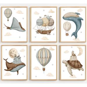 6pcs Ocean Animal Nursery Poster Wall Art Whimsical Whale Balloon Painting Picture Wall Decor Cute Animals Poster Print Artwork for Kids Bedroom Home Decoration (1216in)