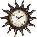 Sun Outdoor Clock with Thermometer - Silent Non-Ticking Retro Decorative Wall Clock, Waterproof for Patio, Garden, Pool, Bathroom, Kitchen - 13 Inch, Bronze