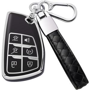 for Chevy Key Fob Cover with Keychain Soft TPU Key Case Shell Holder Fits for 2021 2022 2023 Chevrolet Suburban Tahoe Silverado 1500, for GMC Yukon Sierra, for Buick Encore 6 Button (B Black)