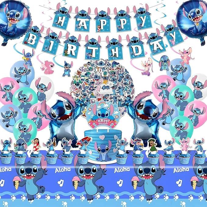 New Stitch Party Supplies,Birthday Decorations Set Include Banner, Balloons, Stickers, Hanging Swirls, Cake Cupcake Toppers, Tablecloth for Boys Girls Stitch Theme Party (Style 2)