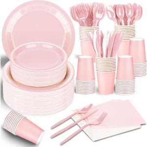 TWOWYHI 228PCS Pink Party Supplies Set Include Paper Plates Cups Pink Napkins Plastic Spoons Forks Knives for 30 Guests Disposable Party Dinnerware For Birthday Wedding Family Picnic
