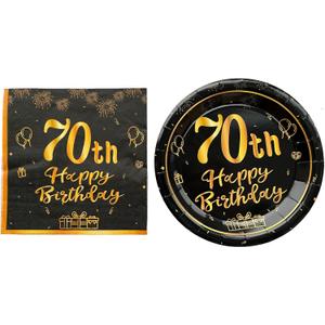 36PCS Happy Birthday Decorations Black Gold Party Supplies Set Includes Disposable Paper Birthday Plates and Napkins for 70th Decorations