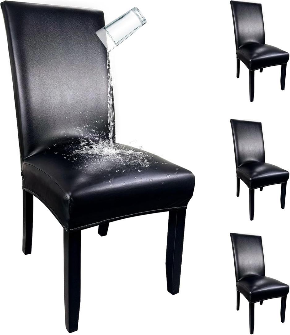 Pu Leather Dining Chair Covers set of 4, Waterproof Kitchen Chair Covers for Protecting Chairs from Stain/Scratch, Soft & Elastic Parsons Chair Slipcover Well-Fitted for Dinning Room(Black, 4Pcs)