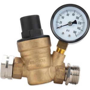 Camco Adjustable RV/Marine Brass Water Pressure Regulator | Help Stop Damage to RV/Marine Appliances, Plumbing Fixtures, and Hoses | Features Standard Garden Hose Threads for Simple Hookup 