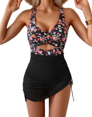 B2prity Women Mesh One Piece Swimdress Swimsuit Tummy Control V Neck Cutout Bathing Suit Wrap Drawstring Sarong Swimwear, M