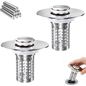 Bathroom Sink Stopper, (2PCS) Stainless Steel Pop-up Sink Stopper Hair Catcher with Removable Basket, Brass Bullet Core, Universal Fit 1.1-2.44 Inch