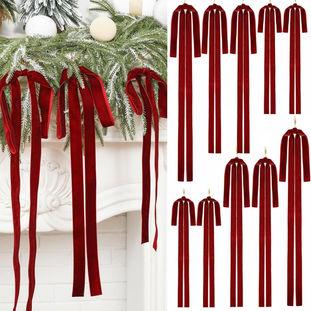 Janinka 12 Pcs 3 Sizes Burgundy Velvet Bows Christmas Tree Ornaments Vintage Christmas Ribbon Bow for Tree Garland Rustic Wreath Indoor Xmas Decoration (Wine Red)