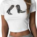 Western Cowgirl Crop Tops for Women - Country Concert Rodeo Outfits Boot Print Summer Slim Shirt Sexy Cowboy Tee, X-Large
