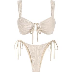 ZAFUL Women's Cinched Bikini Solid Color Wave Textured Knotted Tied Side Two Piece Swimsuit Bathing Suits (1-light Coffee,Small)