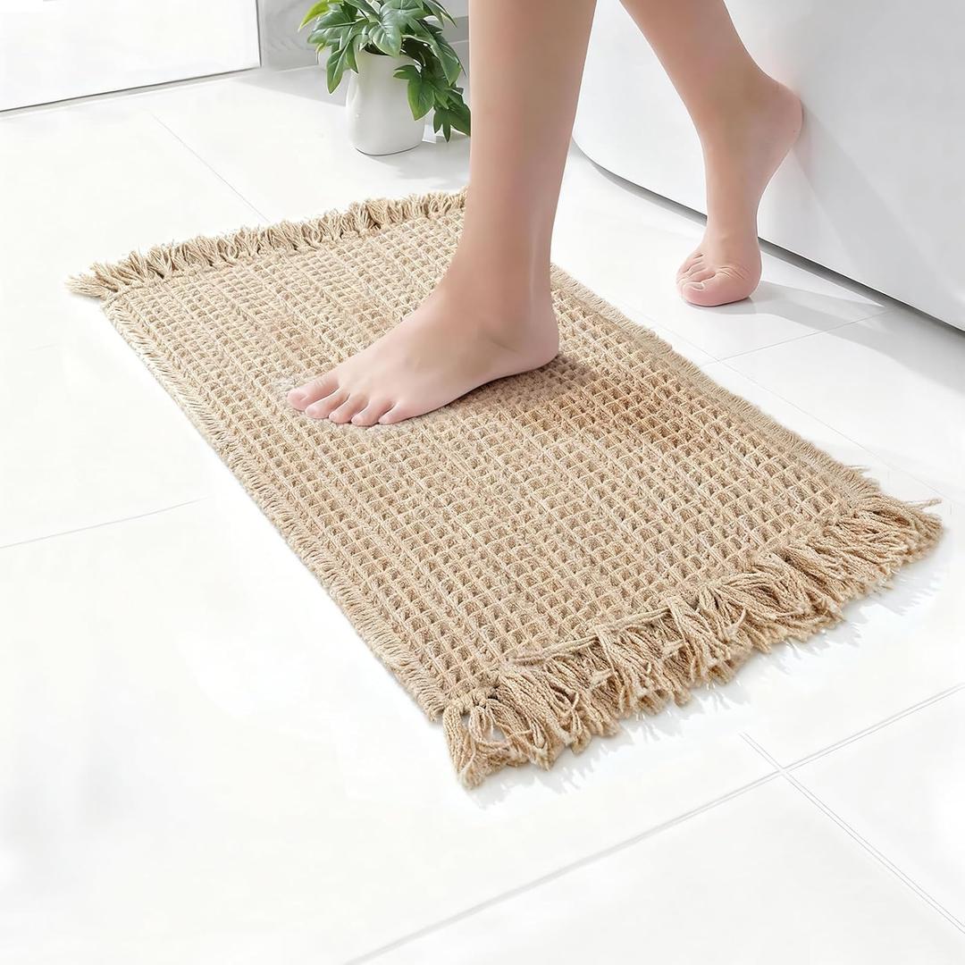 Waffle Bath Mat, Super Absorbent Waffle Bathroom Rug with Tassels, Non Slip Bath Mats for Bathroom Floor, Ultra Soft Boho Bath Mat, Quick Dry Shower Mat, Machine Washable, 18"30", Khaki