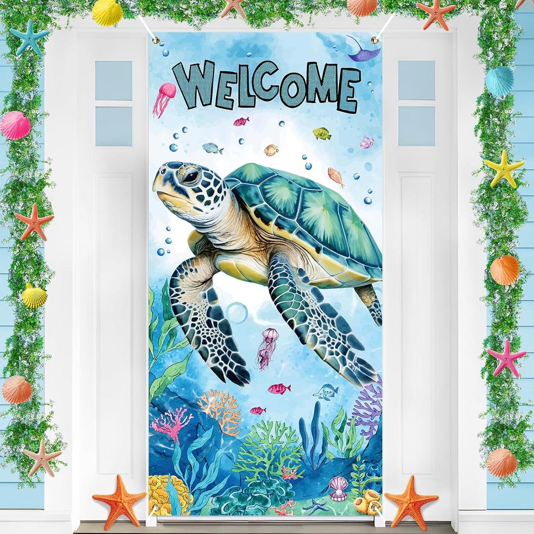 Welcome Turtle Summer Door Cover Decorations Summer Beach Door Banner Cover Ocean Nautical Porch Banner Sign Decor Tropical Sea Turtle Seasonal Outdoor Indoor Holiday Party Decorations 72 x 35 inch