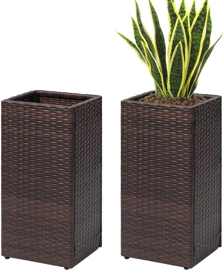 SUNNYPARK 2 Pack Tall Planters for Outdoor Plants Rattan Modern Tall Square Planter Box with Removable Liners Indoor Outdoor Porch Patio Flower Pot (12 x 12 x 24)