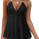 RXRXCOCO Women Halter Tankini Swimsuits Tummy Control Swimsuit Flowy V Neck Bathing Suits (Large, Black)