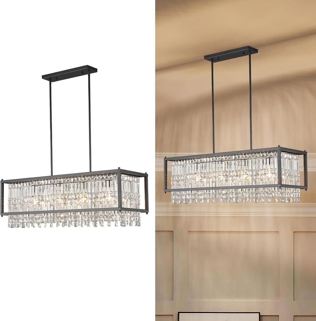LMQNINE Modern Rectangle Chandelier for Dining Room, Black Crystal Chandelier Linear Light Fixture, Farmhouse Chandeliers for Kitchen Island, Bar Table, L35.43'' x W11.81'' x H9.84'', Square-35.43in