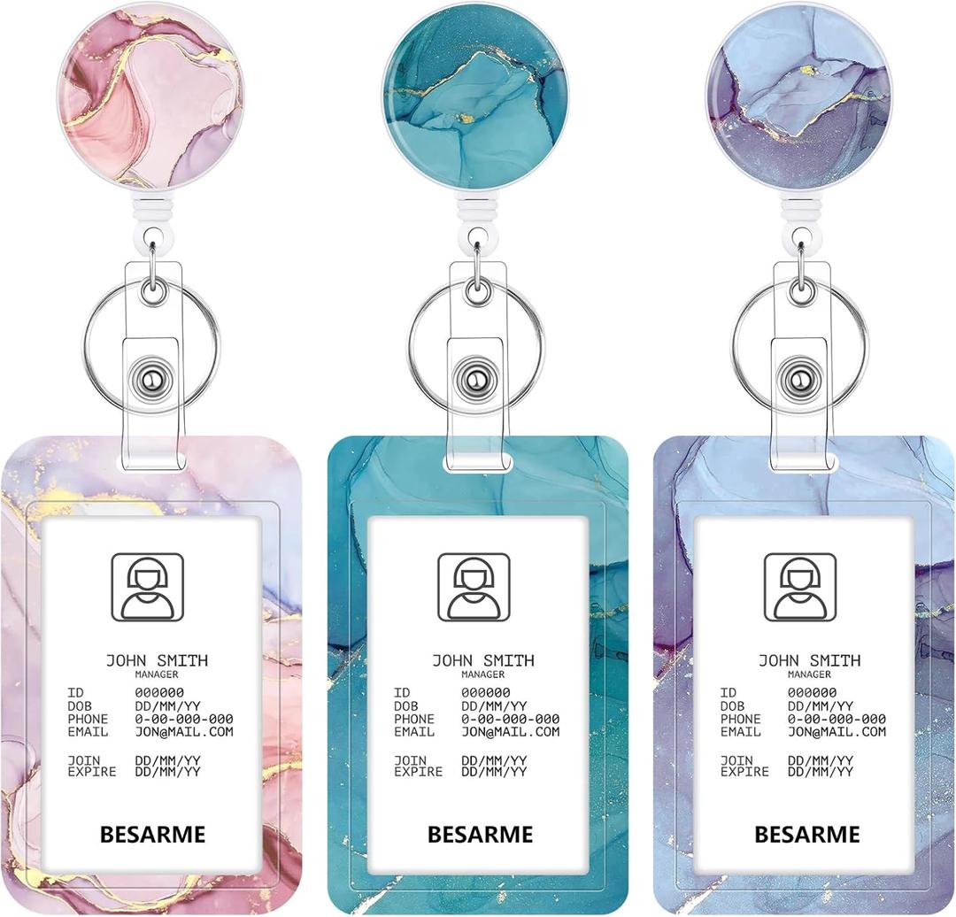 3 Set Heavy Duty Badge Holder with Retractable Reel, Marble Retractable ID Badge Holders with Clip Name Key Card Holder Case for Teacher Nurse Gift for Coworkers